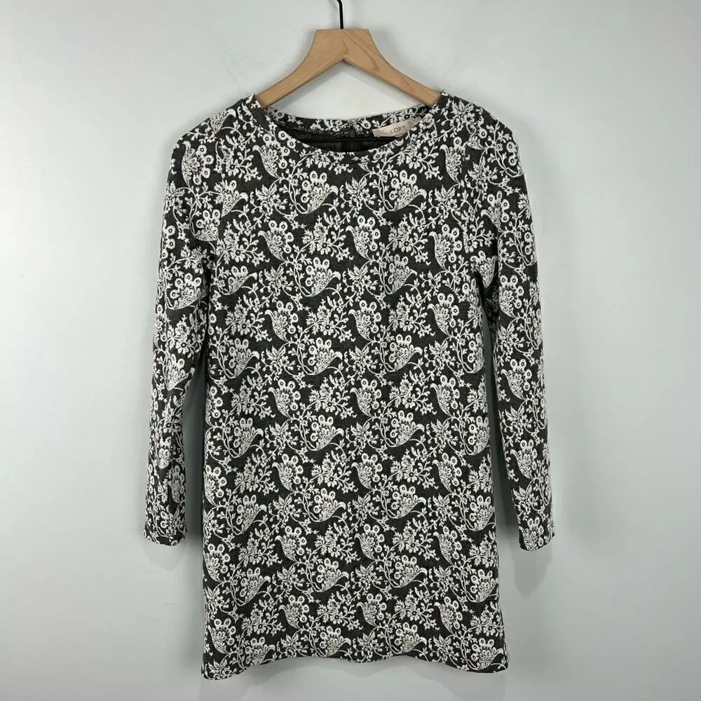 Loft Petite Grey Long Sleeve Dress With White Paisley Embroidery